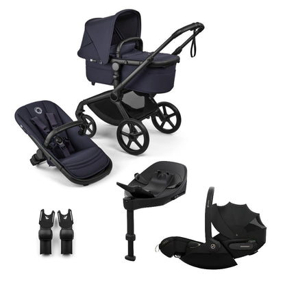 Bugaboo Fox 5 renew in deep indigo navy colour, with Cybex cloud S car seat and isofix base.