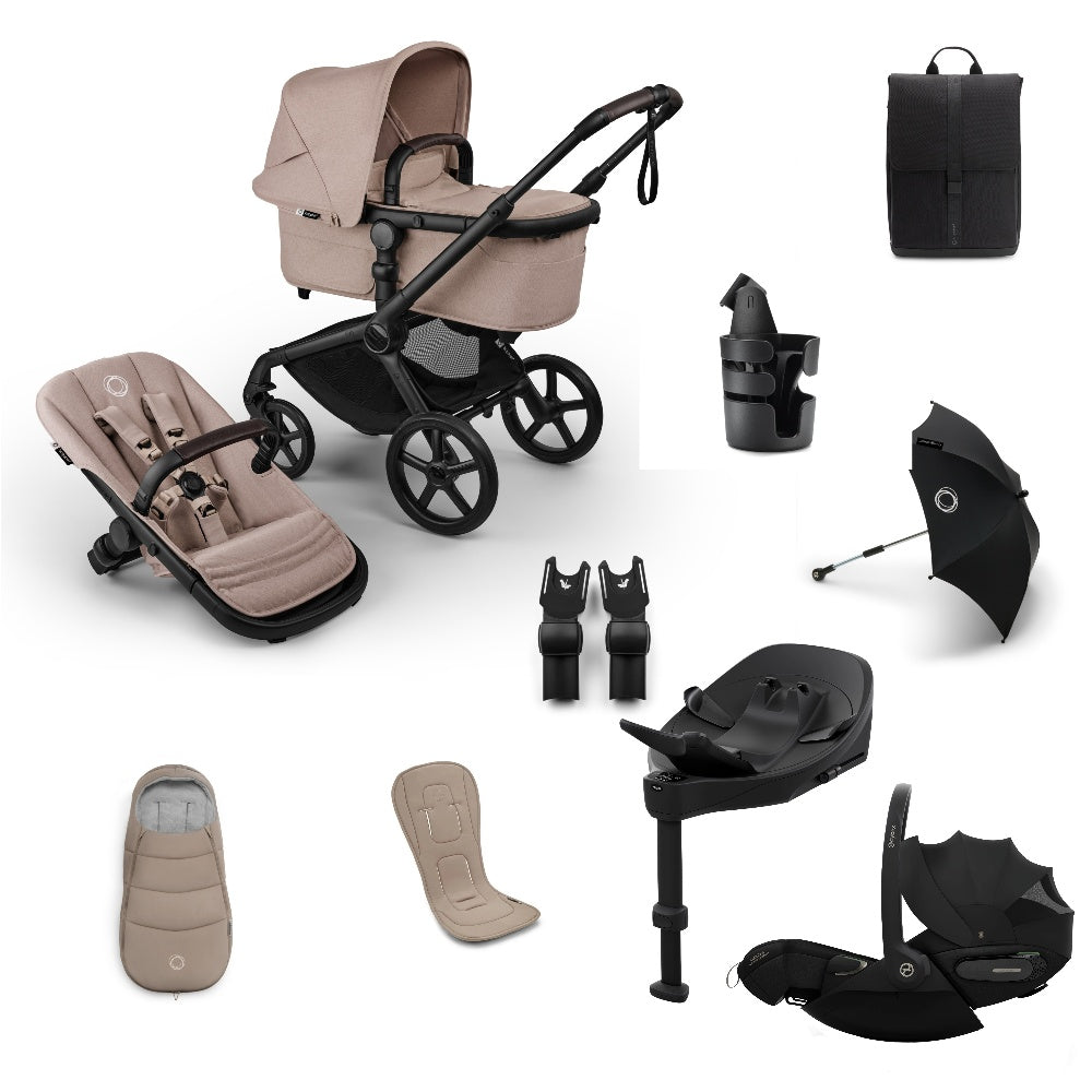 Bugaboo Fox 5 Renew pushchair and accessories in taupe beige colour, with cybex cloud s car seat and isofix base.