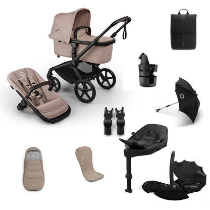 Bugaboo Fox 5 Renew pushchair and accessories in taupe beige colour, with cybex cloud s car seat and isofix base.