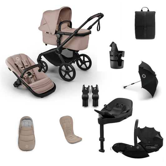 Bugaboo Fox 5 Renew pushchair and accessories in taupe beige colour, with cybex cloud s car seat and isofix base.