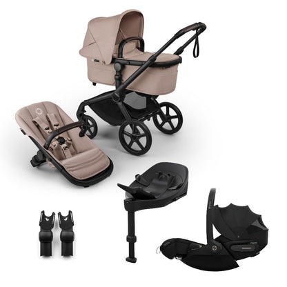 Bugaboo Fox 5 renew in desert taupe beige colour, with Cybex cloud S car seat and isofix base.
