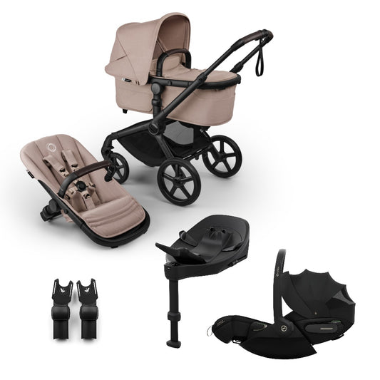 Bugaboo Fox 5 renew in desert taupe beige colour, with Cybex cloud S car seat and isofix base.