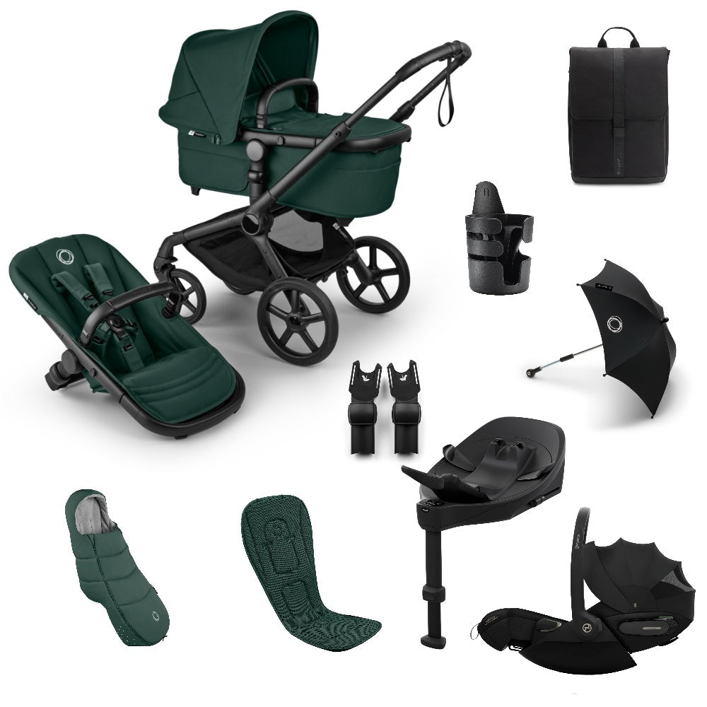 Bugaboo Fox 5 Renew pushchair and accessories in fern dark green colour, with cybex cloud s car seat and isofix base.