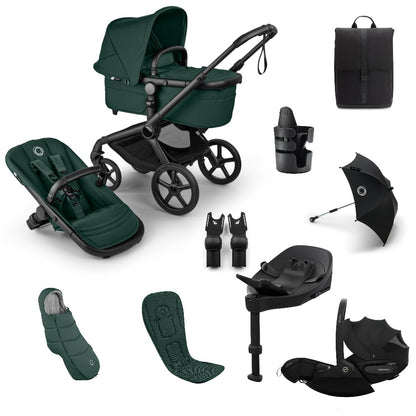 Bugaboo Fox 5 Renew pushchair and accessories in fern dark green colour, with cybex cloud s car seat and isofix base.