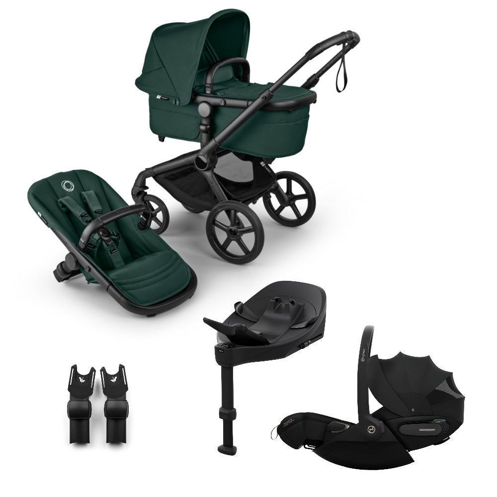 Bugaboo Fox 5 renew in fern dark green colour, with Cybex cloud S car seat and isofix base.