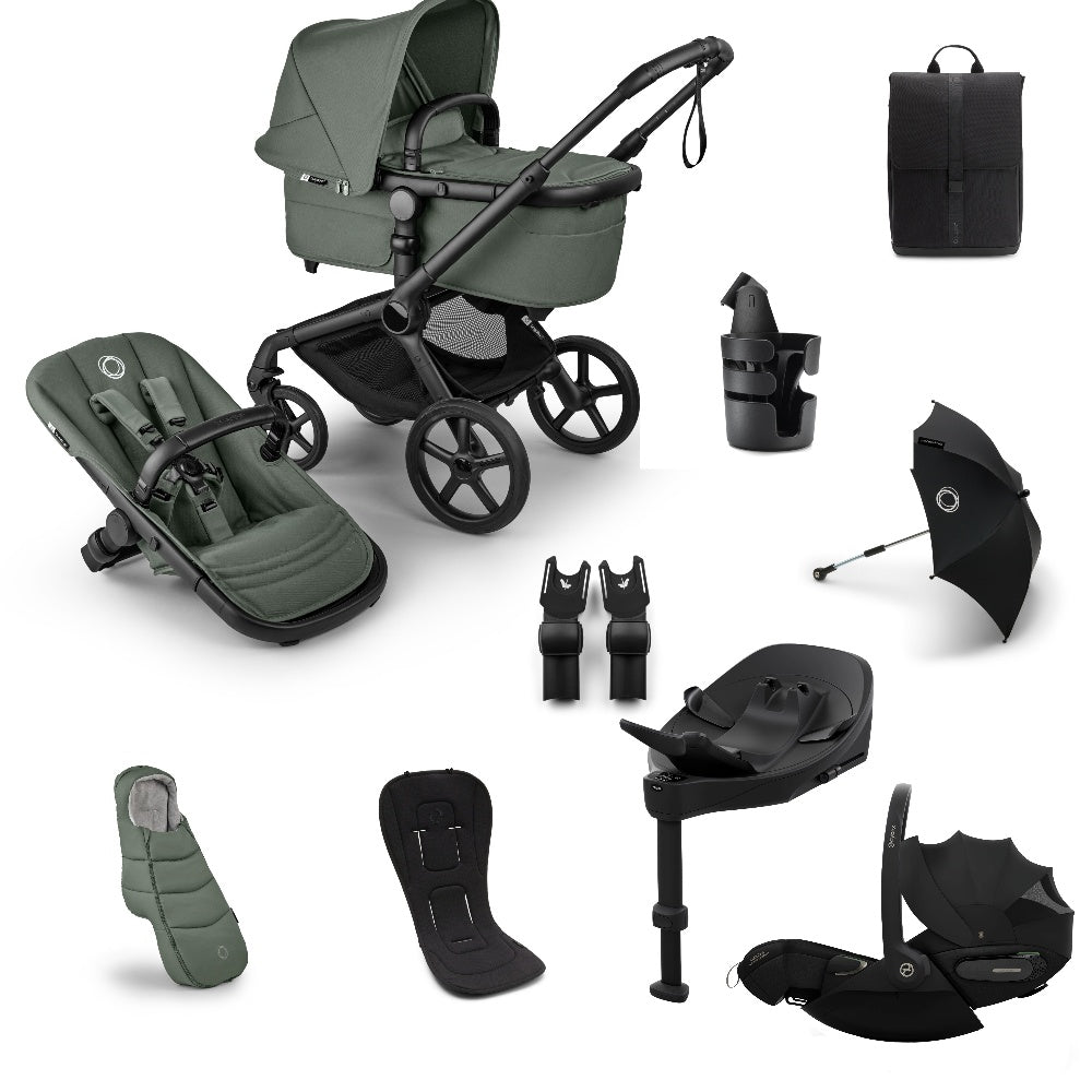 Bugaboo Fox 5 Renew pushchair and accessories in forest green colour, with cybex cloud s car seat and isofix base.