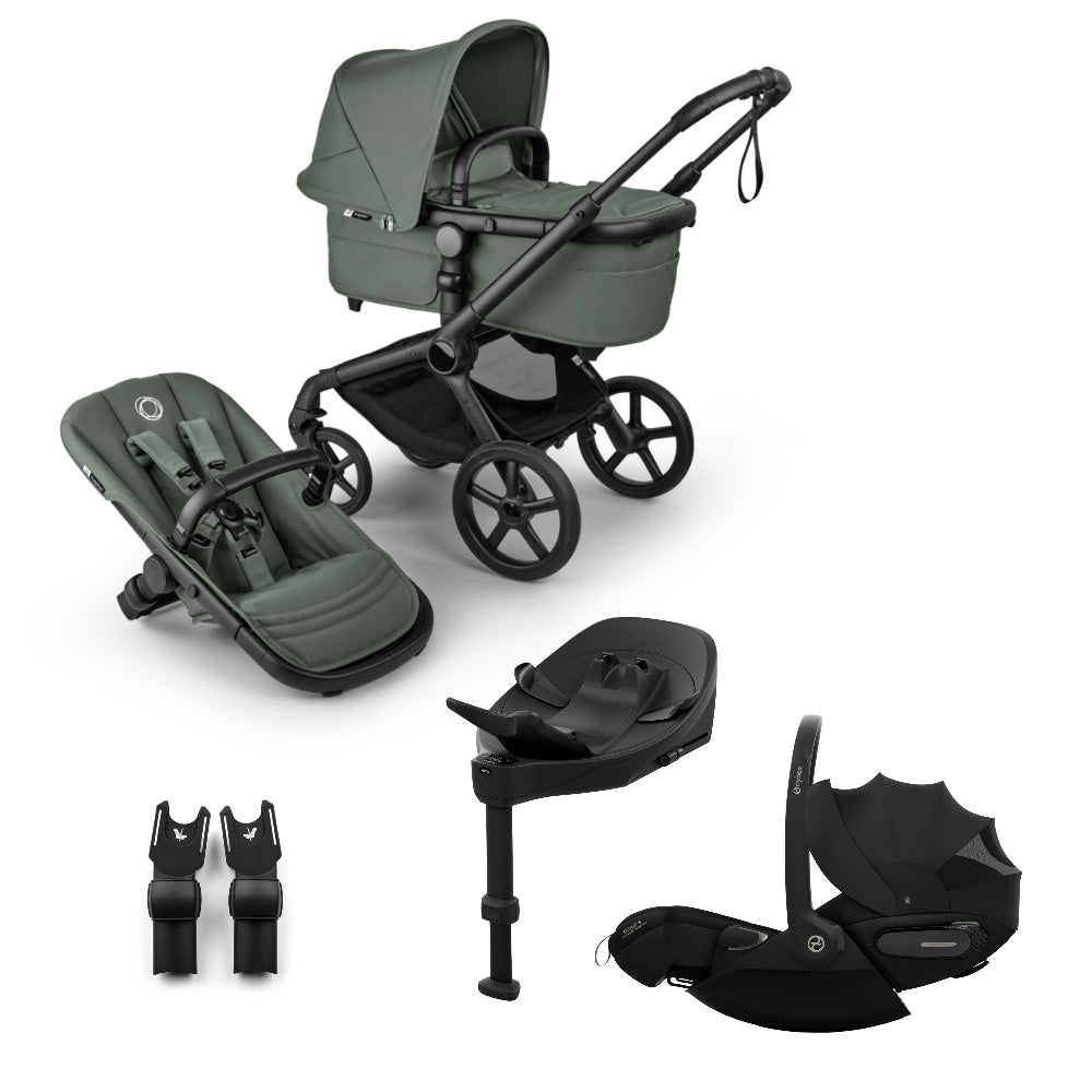 Bugaboo Fox 5 renew in forest green colour, with Cybex cloud S car seat and isofix base.
