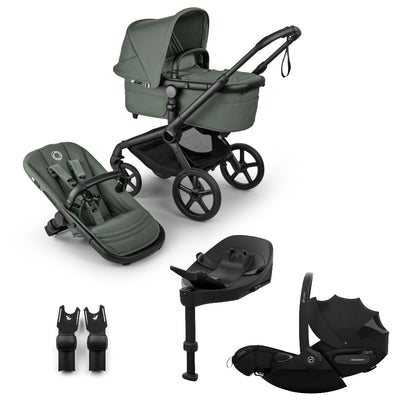 Bugaboo Fox 5 renew in forest green colour, with Cybex cloud S car seat and isofix base.