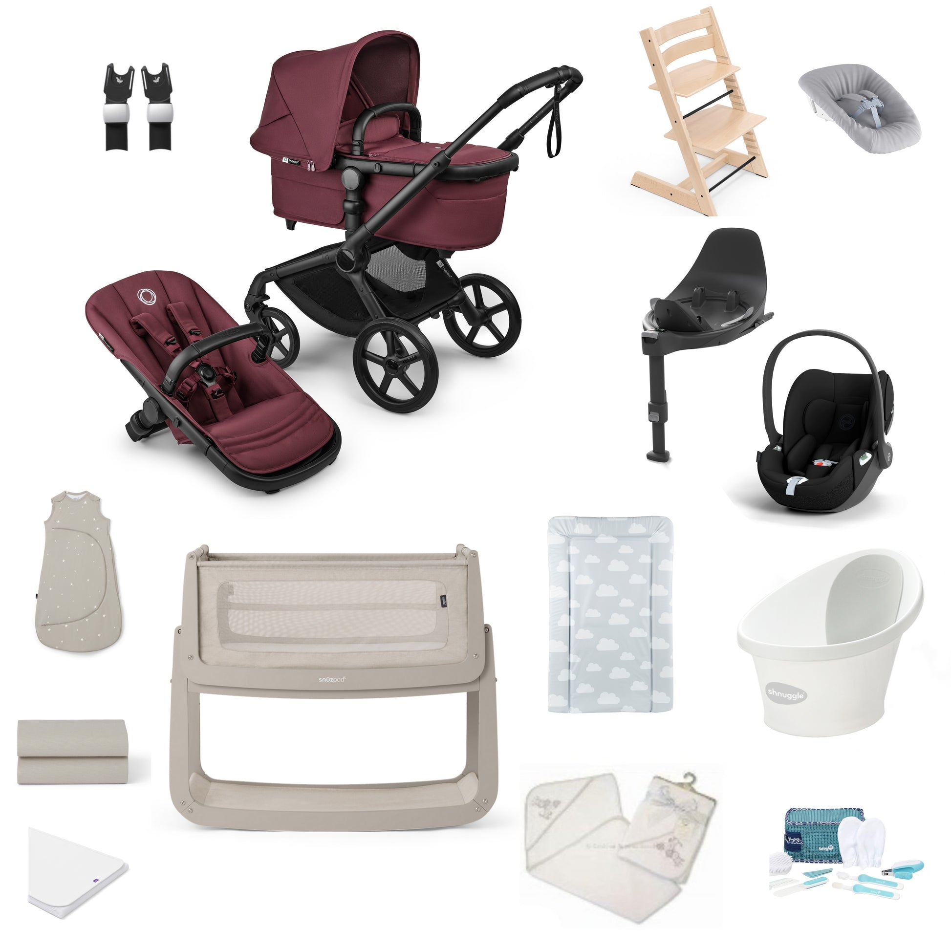 Bugaboo Pushchair in Dark Cherry Premium Bundle including a bath, crib car seat and highchair.