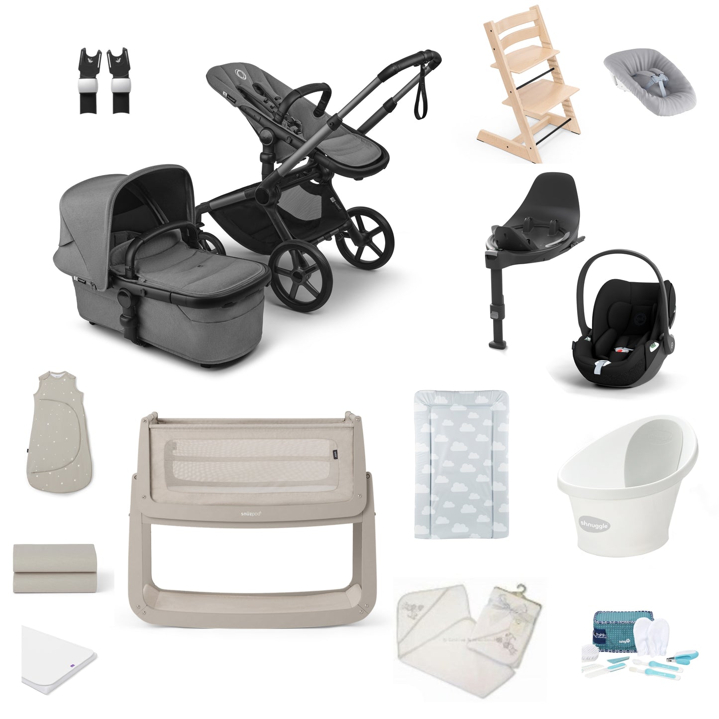 Bugaboo Pushchair in Moon Grey Premium Bundle including a bath, crib car seat and highchair.