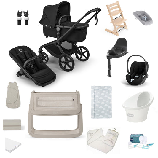 Bugaboo Pushchair in Heritage Black Premium Bundle including a bath, crib car seat and highchair.