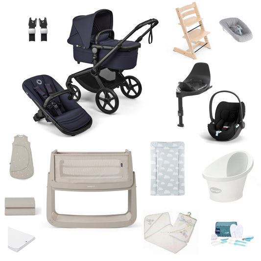 Bugaboo Pushchair in Deep Indigo Premium Bundle including a bath, crib car seat and highchair.