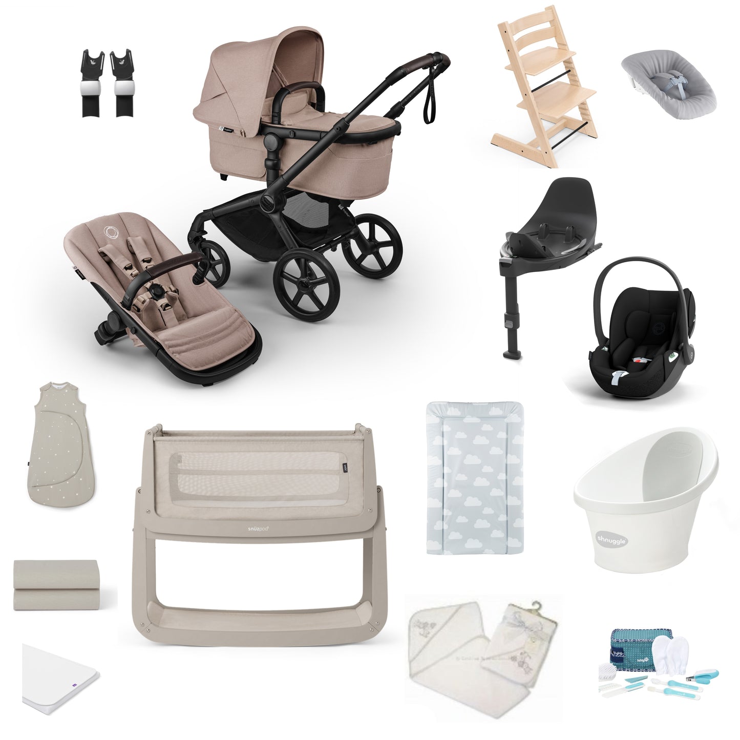 Bugaboo Pushchair in Desert Taupe Premium Bundle including a bath, crib car seat and highchair.