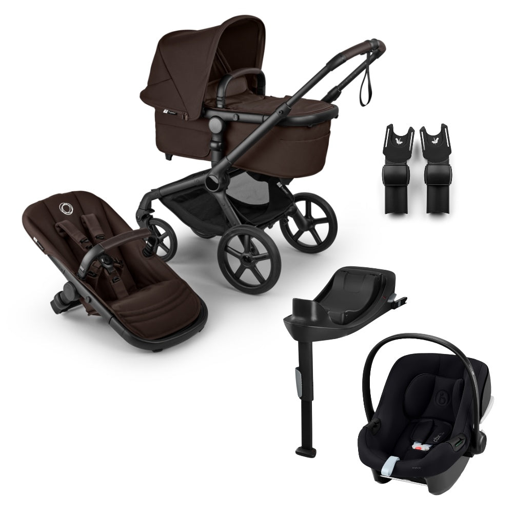 Bugaboo Fox 5 renew pushchair and carrycot in cocoa brown colourway complete with Cybex aton b2 car seat and base.
