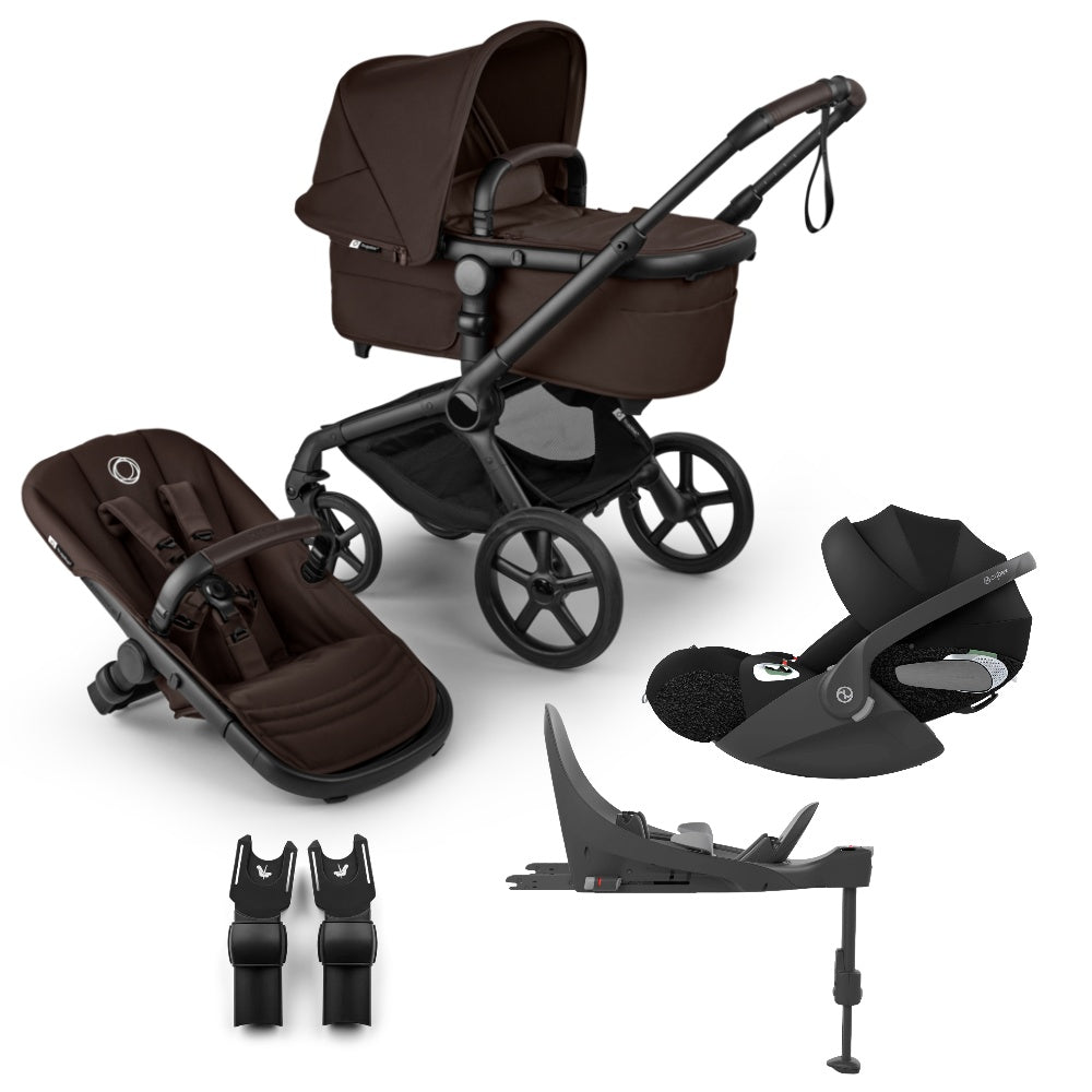 Bugaboo Fox 5 renew pushchair and carrycot in cocoa brown colourway complete with Cybex cloud T car seat and base.