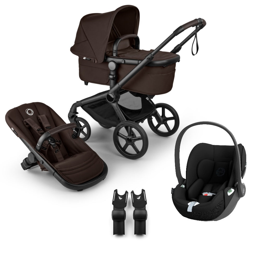 Bugaboo Fox 5 renew pushchair and carrycot in cocoa brown colourway complete with Cybex cloud T car seat.