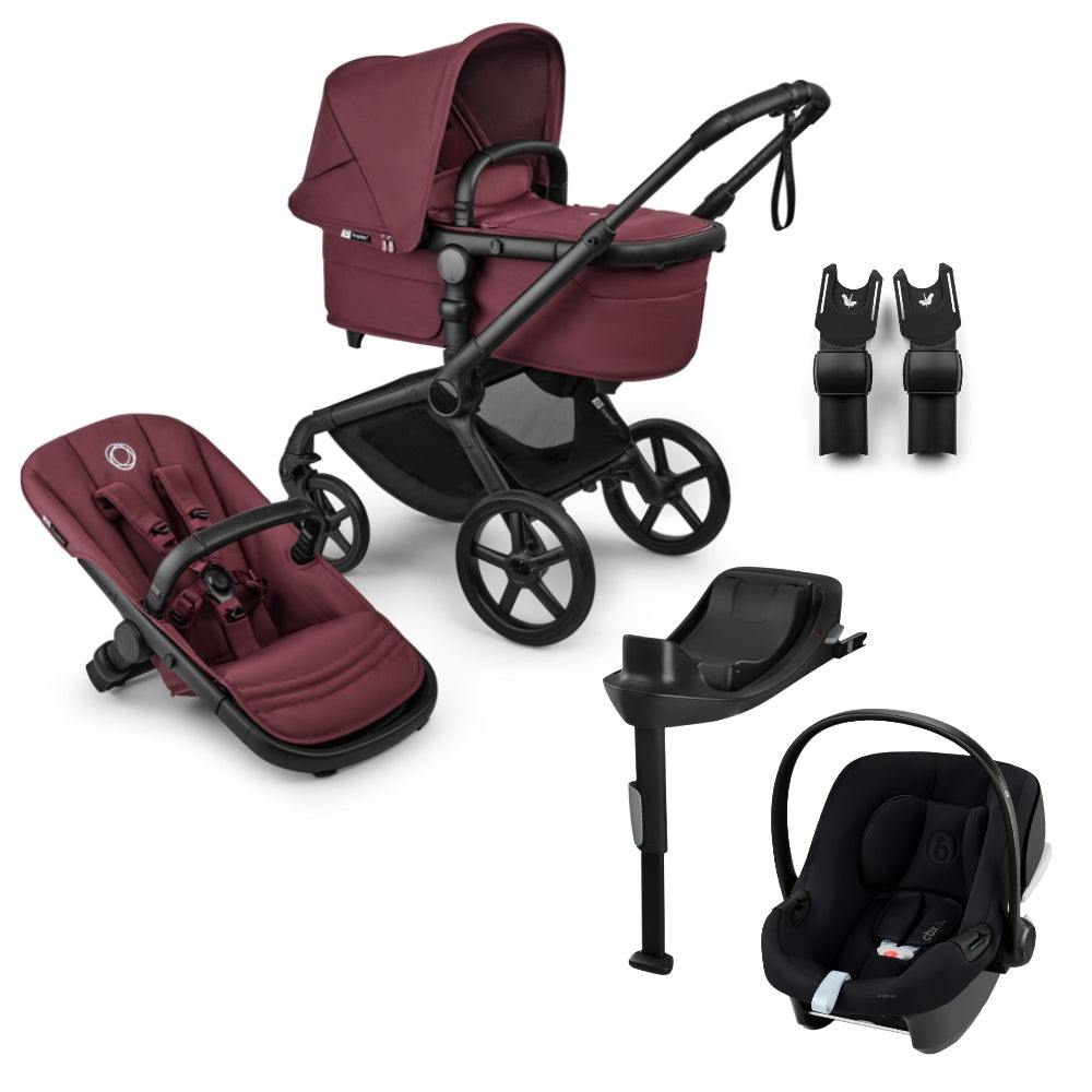Bugaboo Fox 5 renew pushchair and carrycot in dark cherry colourway complete with Cybex aton b2 car seat and base.
