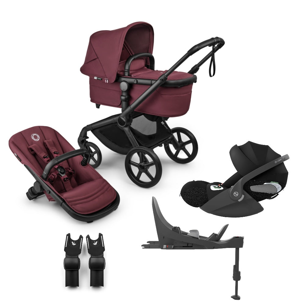 Bugaboo Fox 5 renew pushchair and carrycot in dark cherry colourway complete with Cybex cloud T car seat and base.