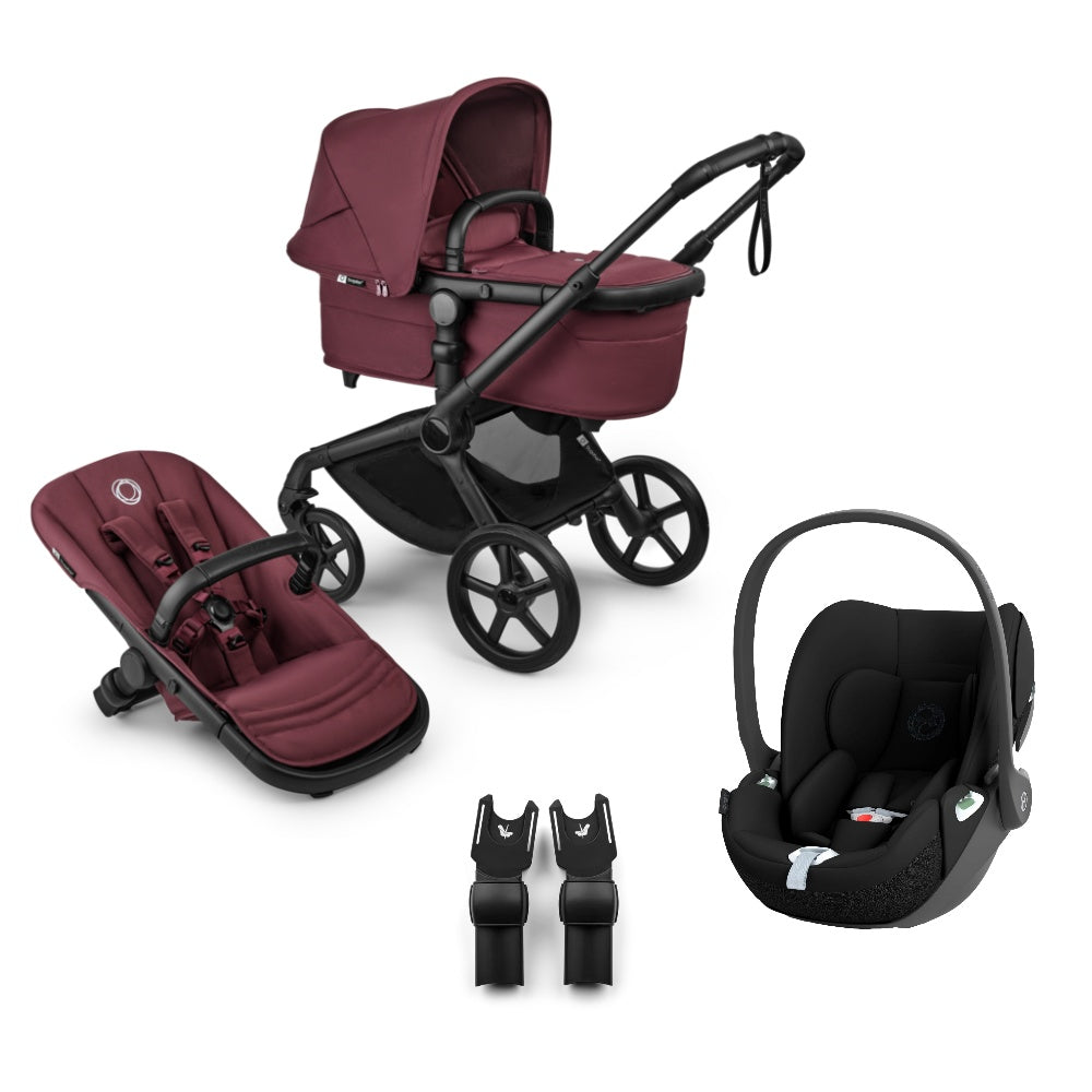 Bugaboo Fox 5 renew pushchair and carrycot in dark cherry colourway complete with Cybex cloud T car seat.