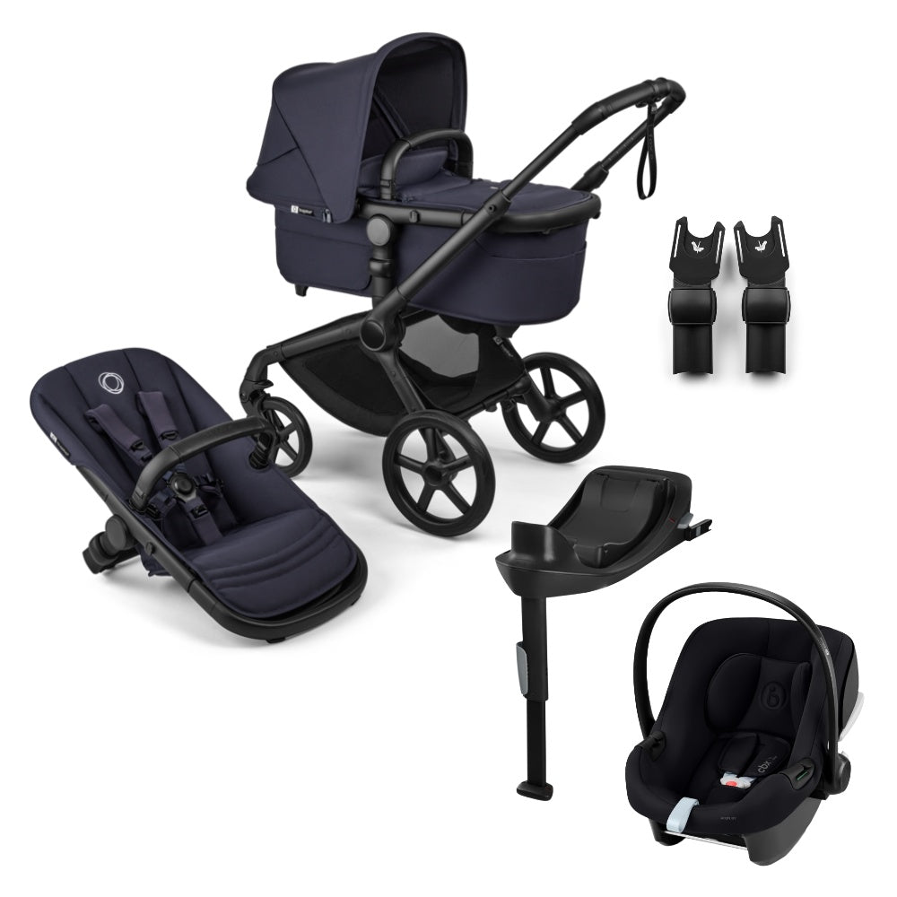 Bugaboo Fox 5 renew pushchair and carrycot in deep indigo colourway complete with Cybex aton b2 car seat and base.