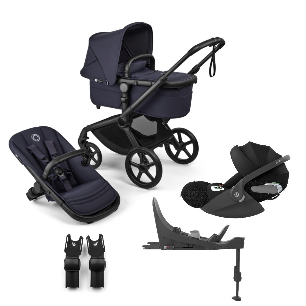 Bugaboo Fox 5 renew pushchair and carrycot in deep indigo colourway complete with Cybex cloud T car seat and base.