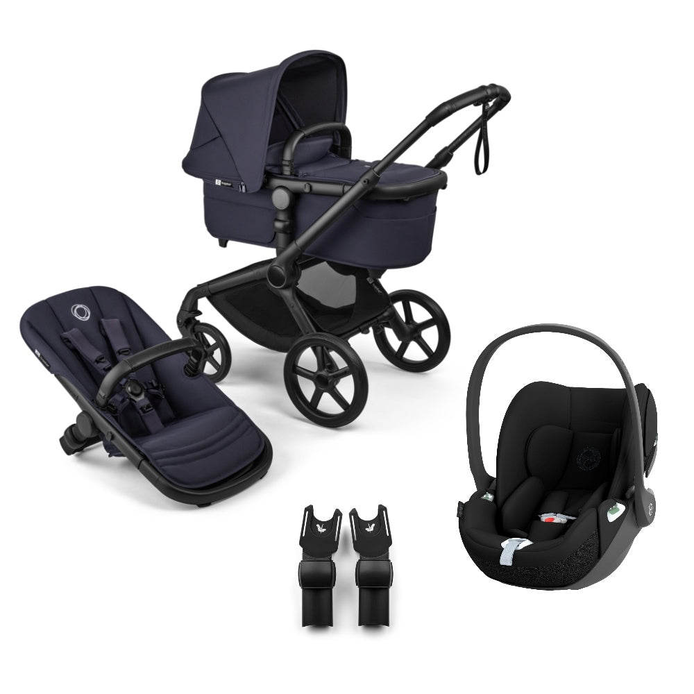 Bugaboo Fox 5 renew pushchair and carrycot in deep indigo colourway complete with Cybex cloud T car seat.