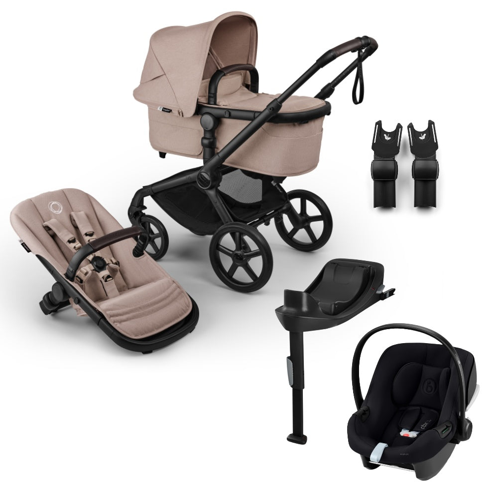Bugaboo Fox 5 renew pushchair and carrycot in desert taupe colourway complete with Cybex aton b2 car seat and base.