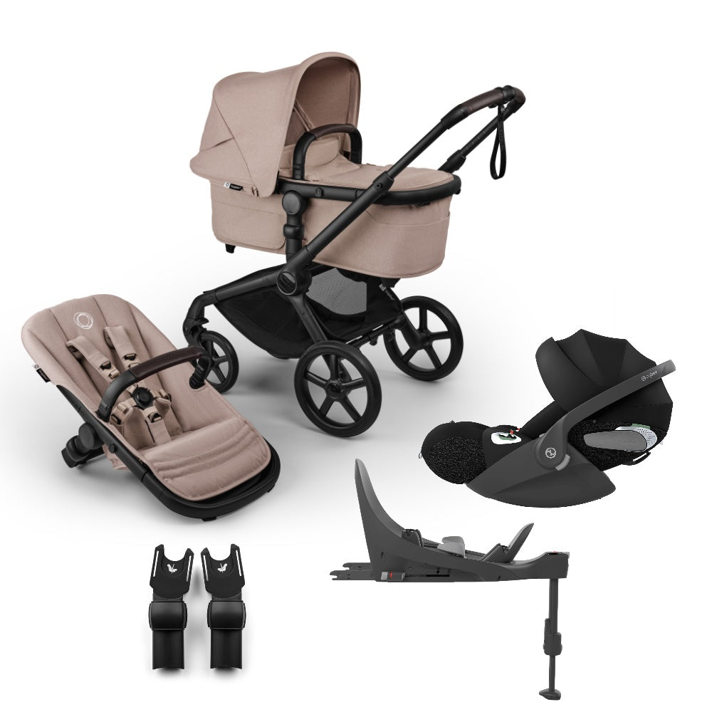 Bugaboo Fox 5 renew pushchair and carrycot in desert taupe colourway complete with Cybex cloud T car seat and base.
