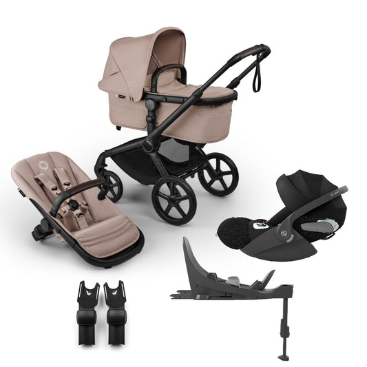 Bugaboo Fox 5 renew pushchair and carrycot in desert taupe colourway complete with Cybex cloud T car seat and base.