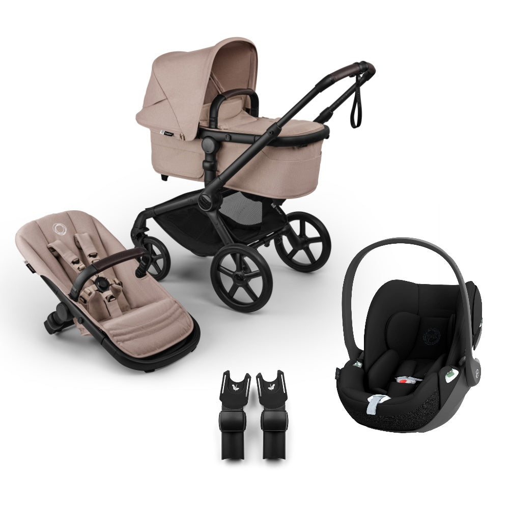 Bugaboo Fox 5 renew pushchair and carrycot in desert taupe colourway complete with Cybex cloud T car seat.
