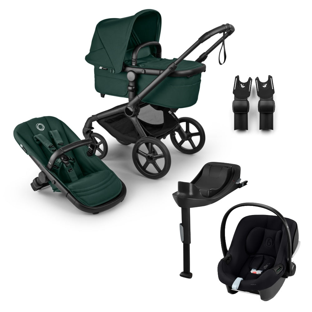 Bugaboo Fox 5 renew pushchair and carrycot in fern green colourway complete with Cybex aton b2 car seat and base.