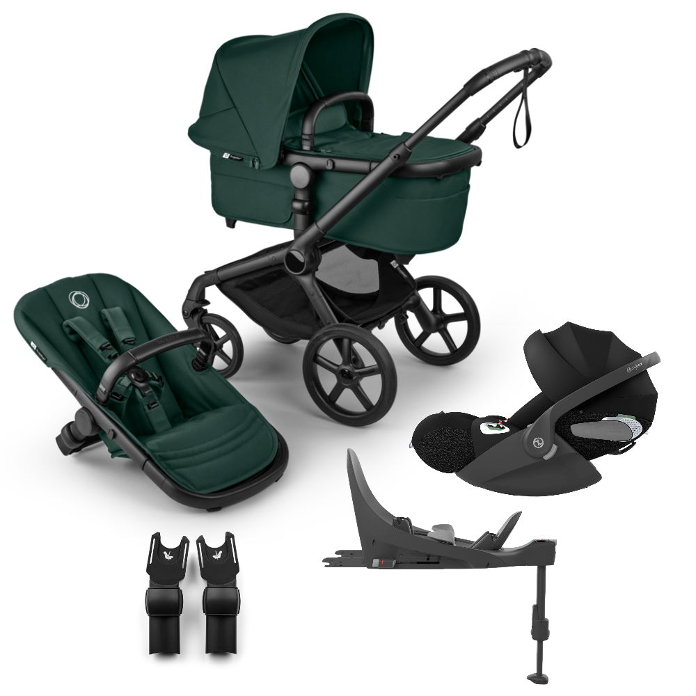 Bugaboo Fox 5 renew pushchair and carrycot in fern green colourway complete with Cybex cloud T car seat and base.