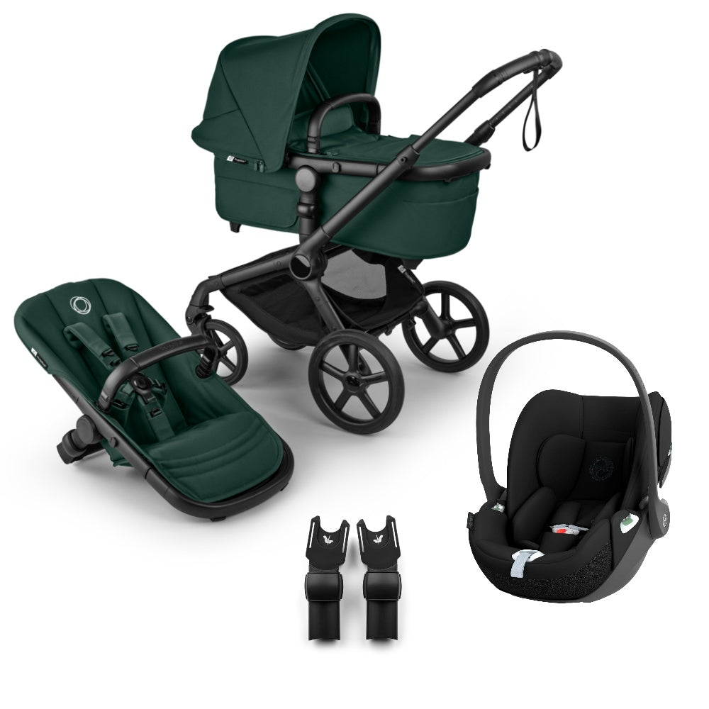Bugaboo Fox 5 renew pushchair and carrycot in fern green colourway complete with Cybex cloud T car seat.