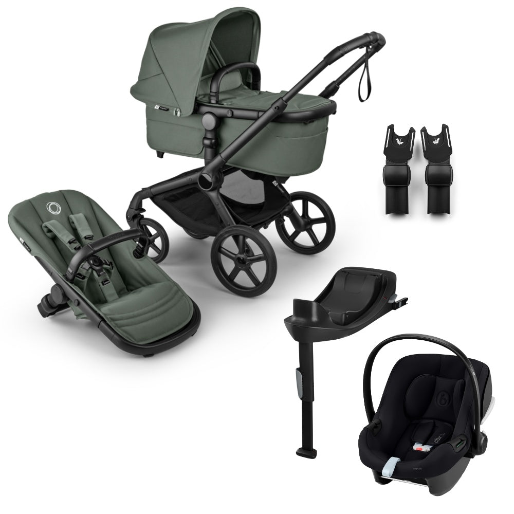Bugaboo Fox 5 renew pushchair and carrycot in forest green colourway complete with Cybex aton b2 car seat and base.