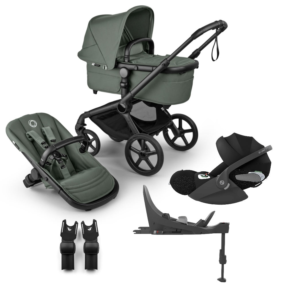 Bugaboo Fox 5 renew pushchair and carrycot in forest green colourway complete with Cybex cloud T car seat and base.