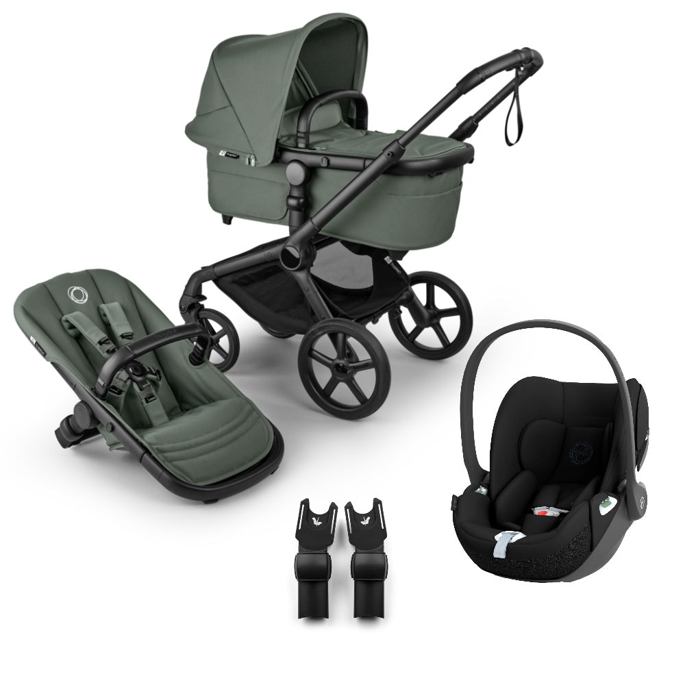 Bugaboo Fox 5 renew pushchair and carrycot in forest green colourway complete with Cybex cloud T car seat.