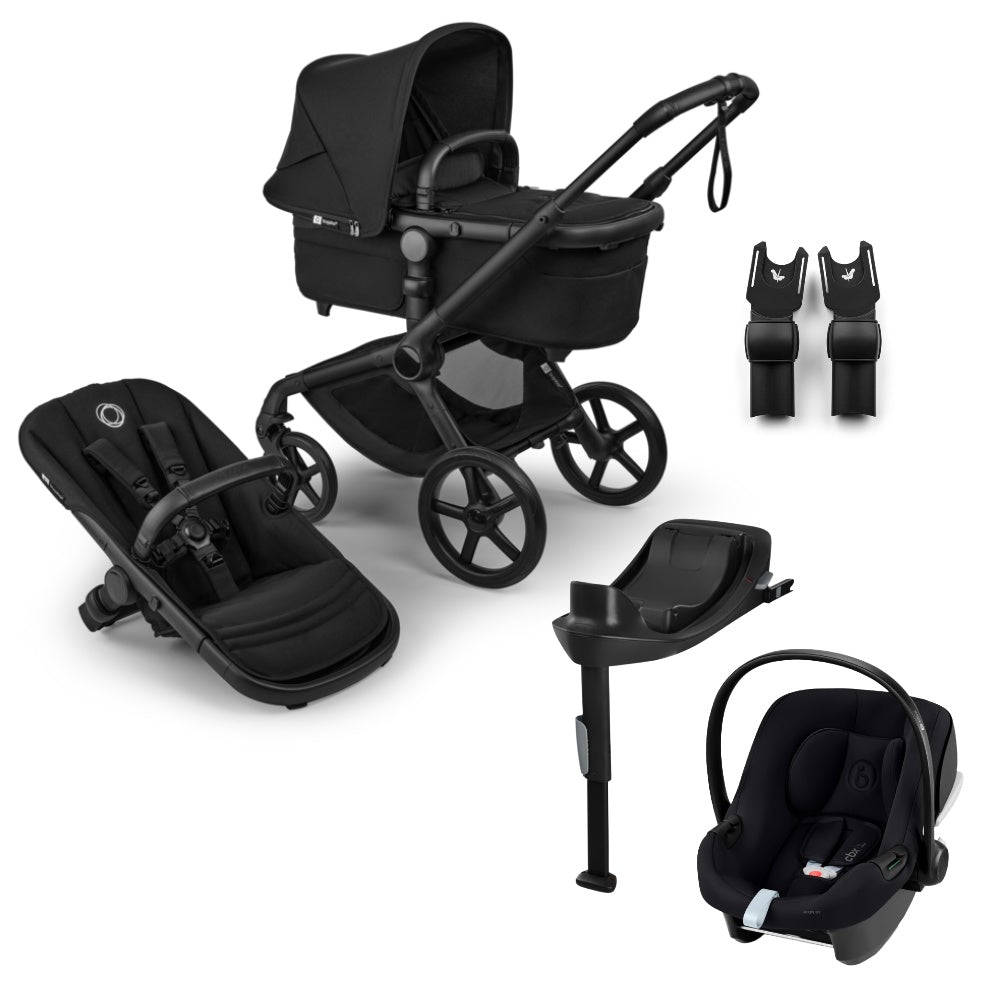Bugaboo Fox 5 renew pushchair and carrycot in heritage black colourway complete with Cybex aton b2 car seat and base.