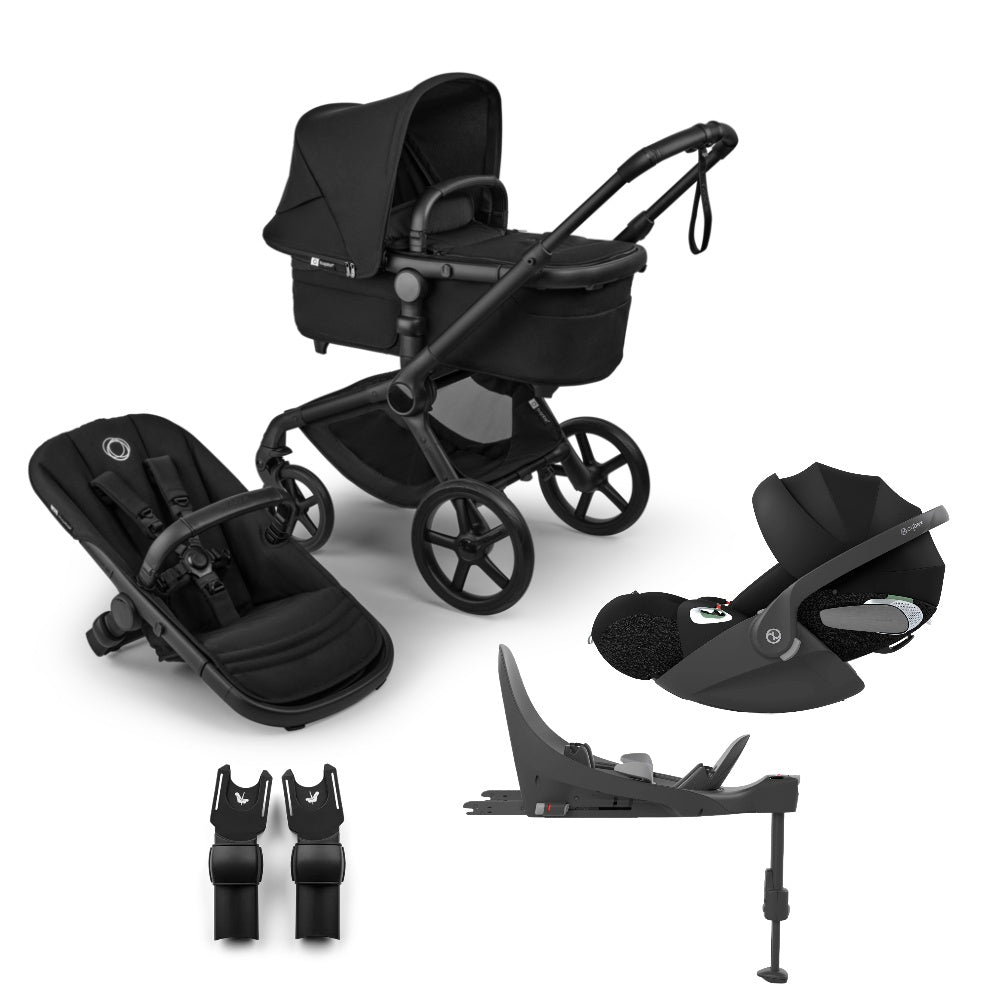 Bugaboo Fox 5 renew pushchair and carrycot in heritage black colourway complete with Cybex cloud T car seat and base.
