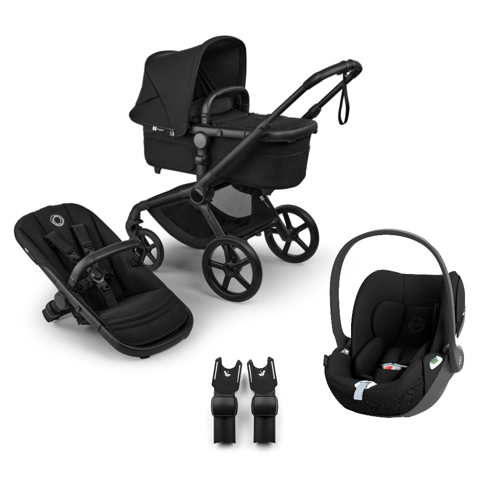 Bugaboo Fox 5 renew pushchair and carrycot in heritage black colourway complete with Cybex cloud T car seat.