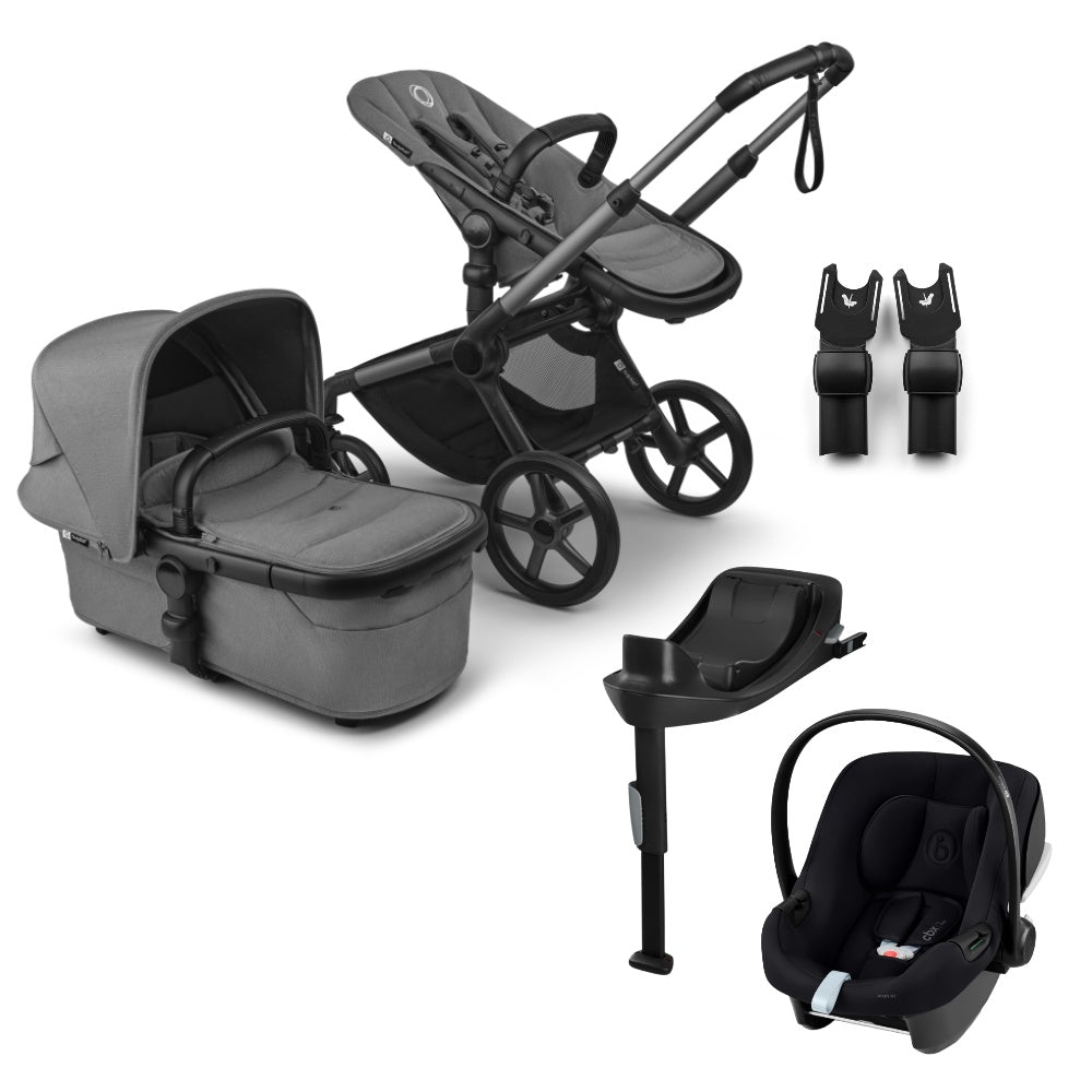 Bugaboo Fox 5 renew pushchair and carrycot in moon grey colourway complete with Cybex aton b2 car seat and base.