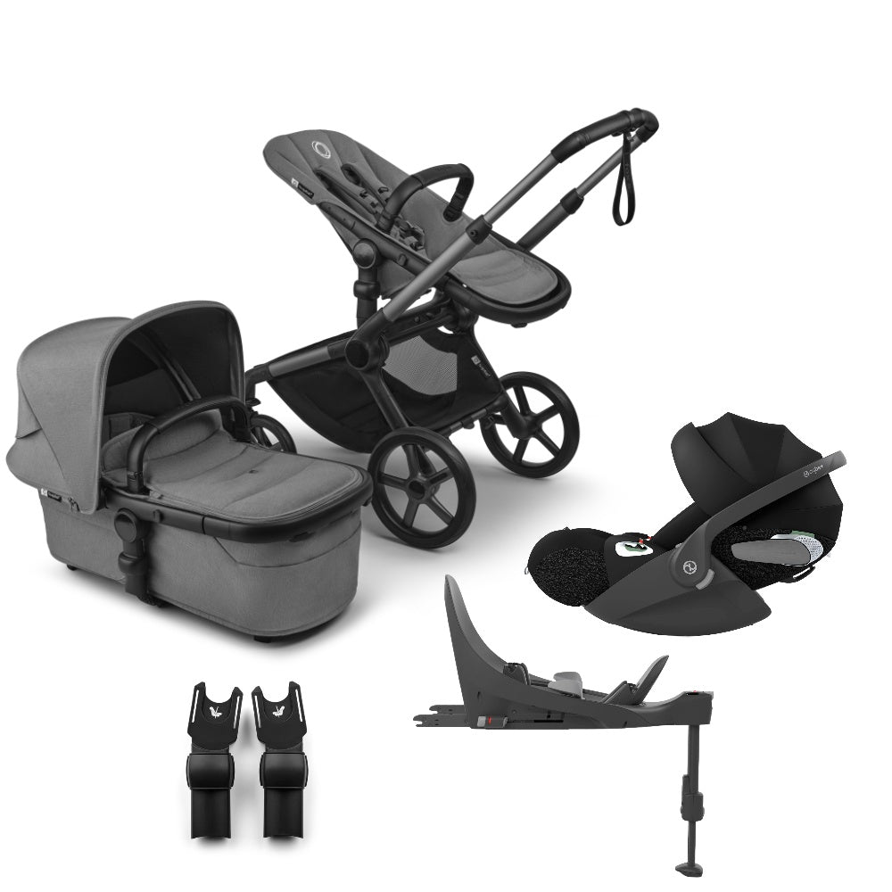 Bugaboo Fox 5 renew pushchair and carrycot in moon grey colourway complete with Cybex cloud T car seat and base.