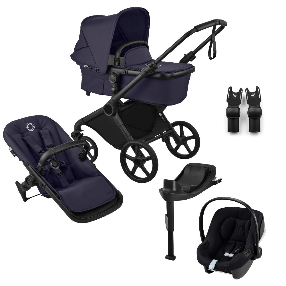 Bugaboo Cub stroller and carrycot in deep indigo blue with atonB2 car seat & base.