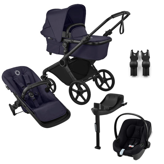 Bugaboo Cub stroller and carrycot in deep indigo blue with atonB2 car seat & base.