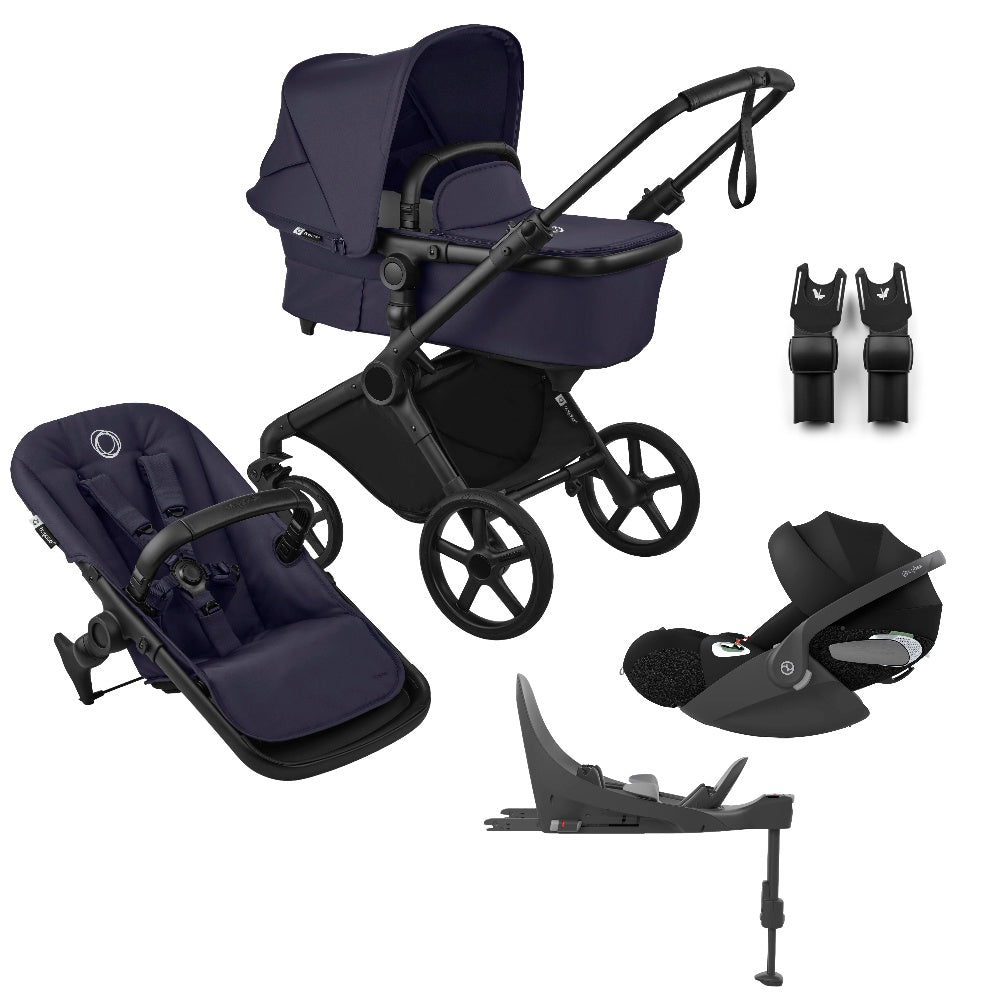 Bugaboo Cub stroller and carrycot in deep indigo blue with cloud t car seat & base.