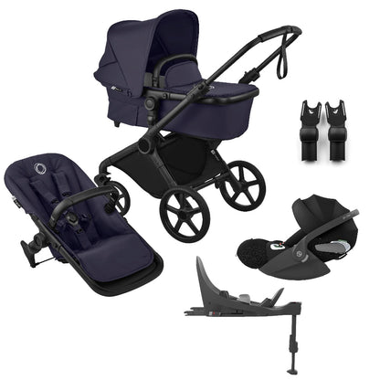 Bugaboo Cub stroller and carrycot in deep indigo blue with cloud t car seat & base.