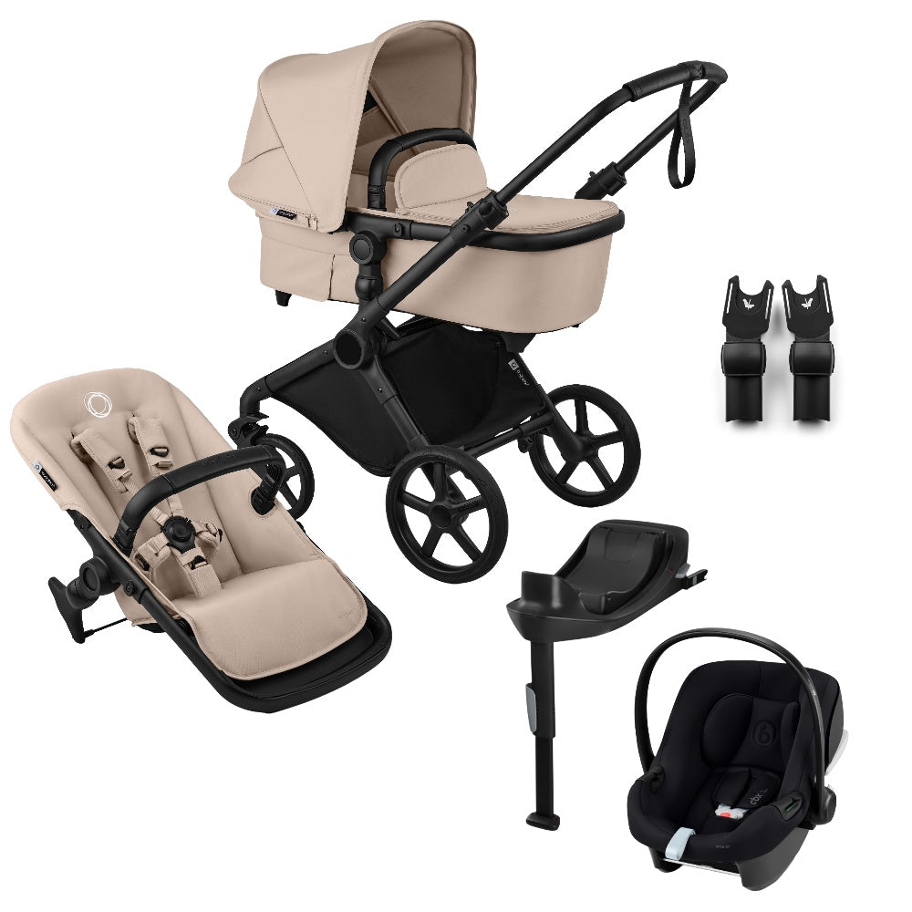 Bugaboo Cub stroller and carrycot in desert taupe beige with atonB2 car seat & base.