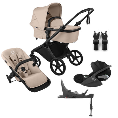 Bugaboo Cub stroller and carrycot in desert taupe beige with cloud t car seat & base.
