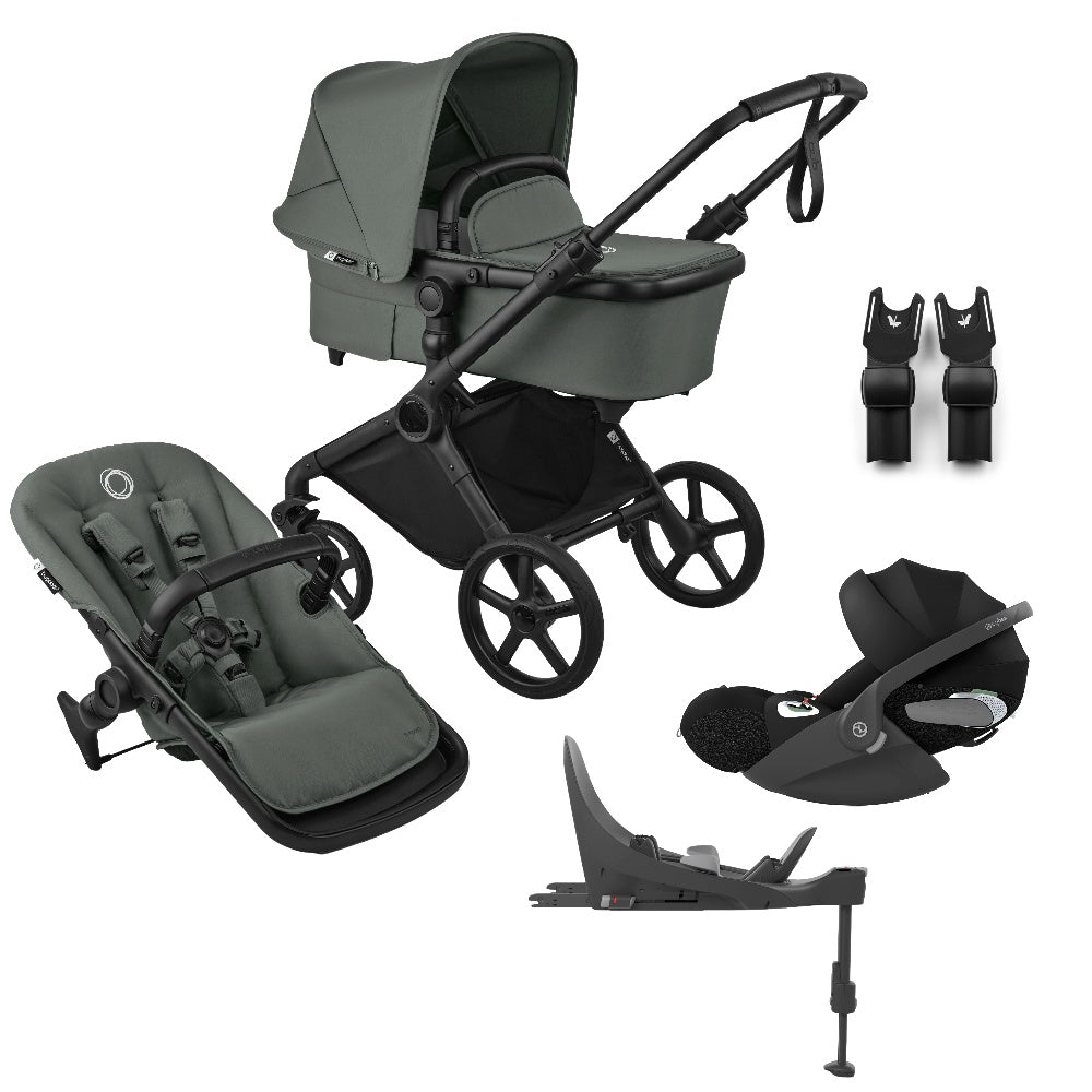 Bugaboo Cub stroller and carrycot in forest green with cloud t car seat & base.