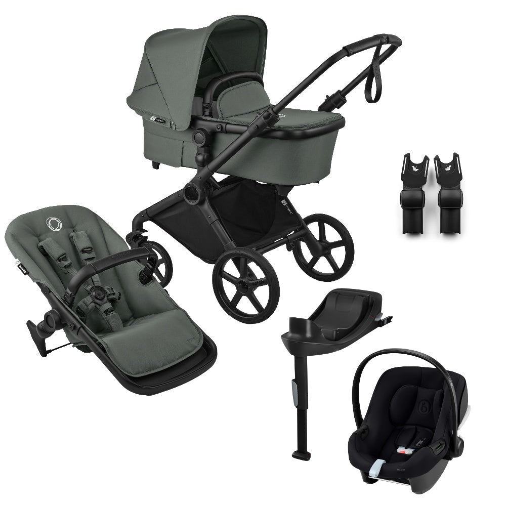 Bugaboo Cub stroller and carrycot in forest green with atonB2 car seat & base.