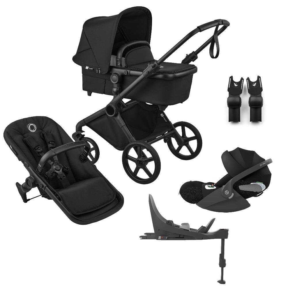 Bugaboo Cub stroller and carrycot in heritage black with cloud t car seat & base.